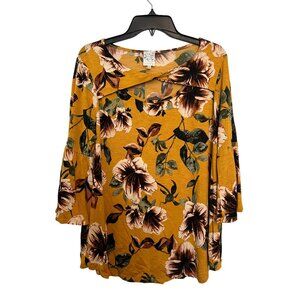 Naif Floral Print Womens Blouse 1X Mustard Yellow/Brown Multicolor